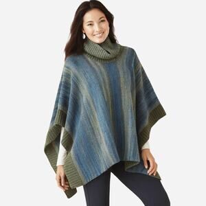 J. Jill Heavy Boho Cotton Wool Blend Teal Blue Green High Neck Poncho, One Size